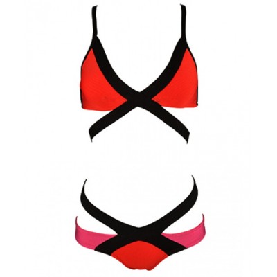 'Sara' rood & koraal  neon bandage bikini